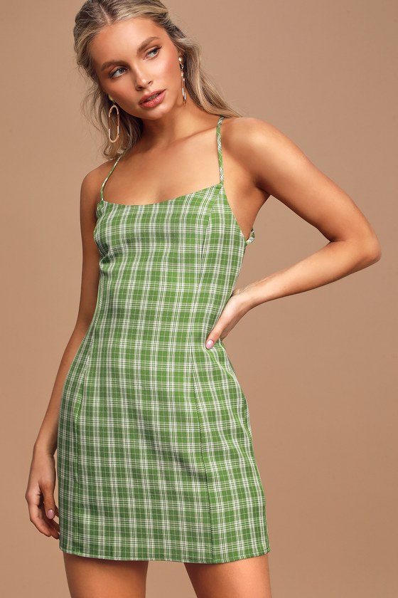 Cute Green Plaid Mini Dress - Backless ...