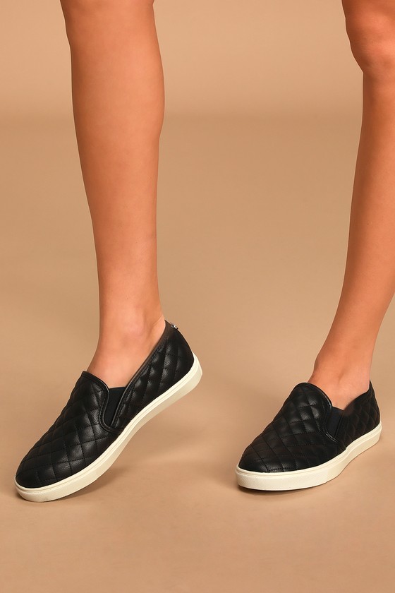 black faux leather slip on sneakers