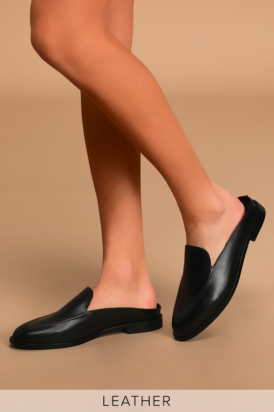 black leather loafer slides