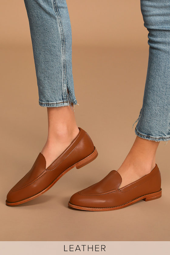 Chic Tan Loafers Almond Toe Loafers Genuine Leather Flats Lulus