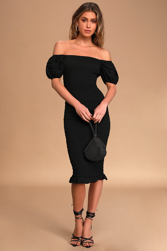 Steal The Stage Black Smocked Bodycon Midi Dress 6