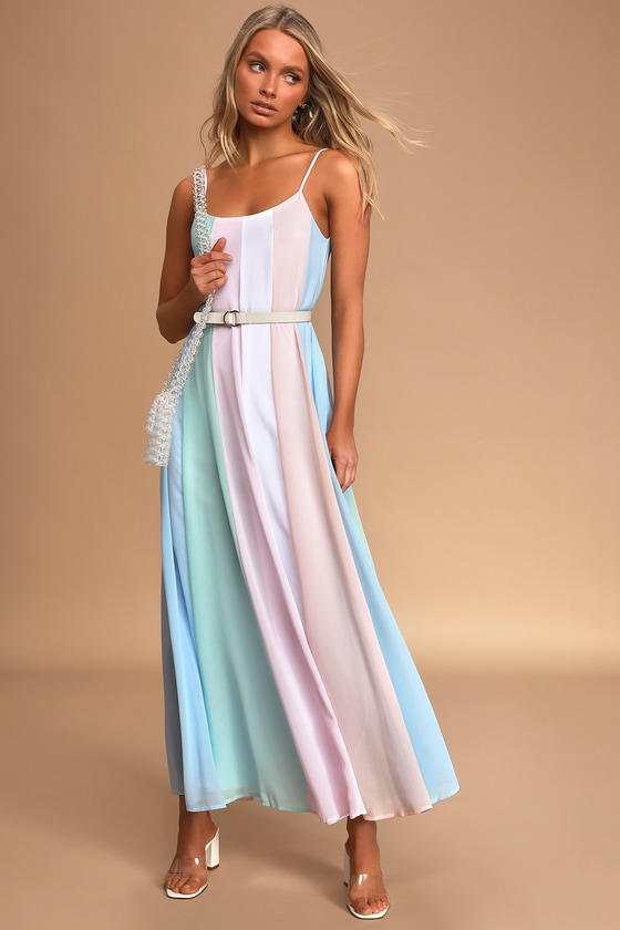 Light Blue Multi Striped Dress - Color Block Dress - Maxi Dress - Lulus