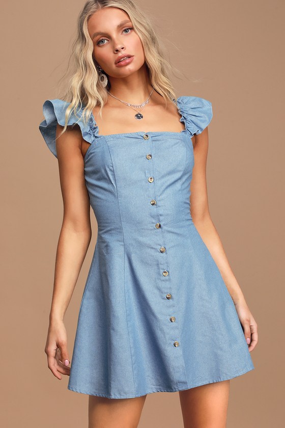 Cute Chambray Dress - Ruffled Chambray Dress - Button-Up Dress - Lulus