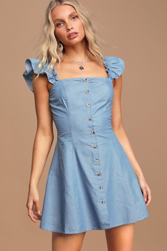 Cute Chambray Dress - Ruffled Chambray Dress - Button-Up Dress - Lulus