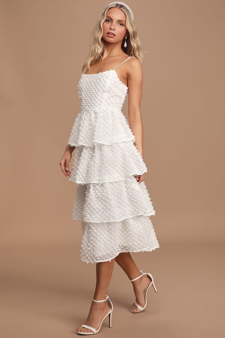 White Tiered Dress - Pom Pom Midi Dress - Ruffled Midi Dress -