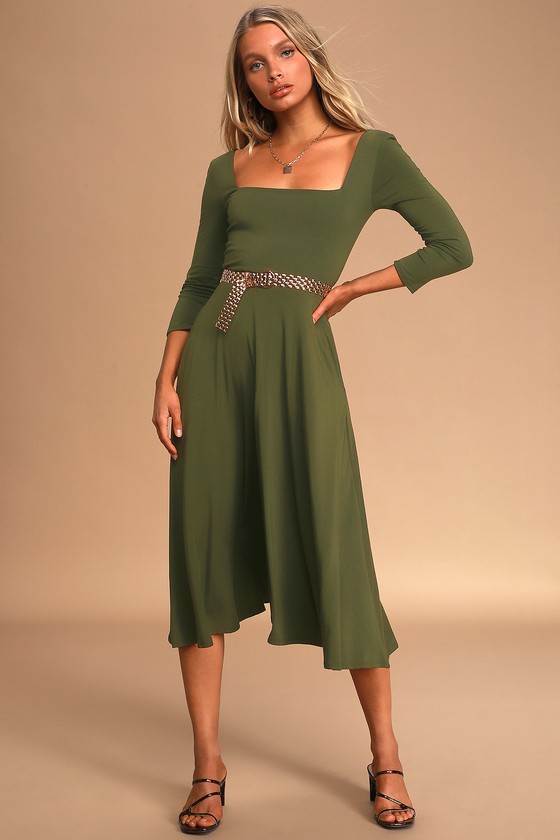 Cute Olive Green Dress ThreeQuarter Sleeve Dress Midi Dress Lulus