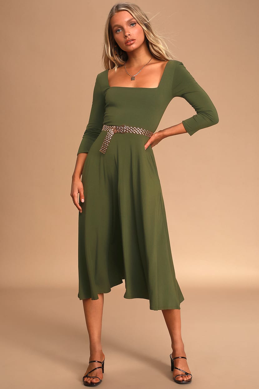 Olive Midi Dress With Sleeves