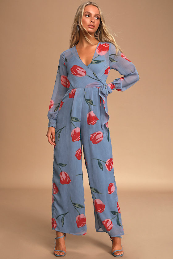 Pretty Blue Floral Print Jumpsuit TieFront Jumpsuit Jumpsuit Lulus