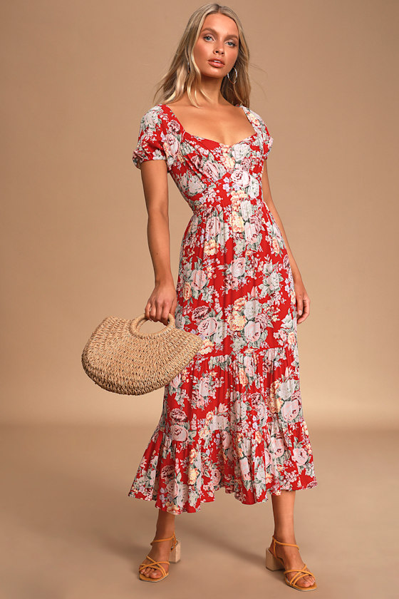 Auguste The Label Reverie Red Floral Print Dress Tiered Midi Lulus