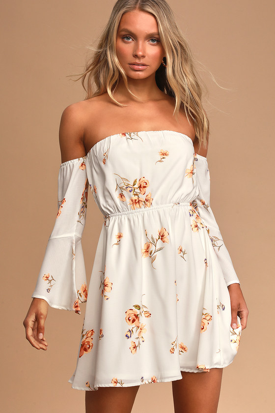 Lush Gardens Ivory Floral Print Off-The-Shoulder Mini Dress