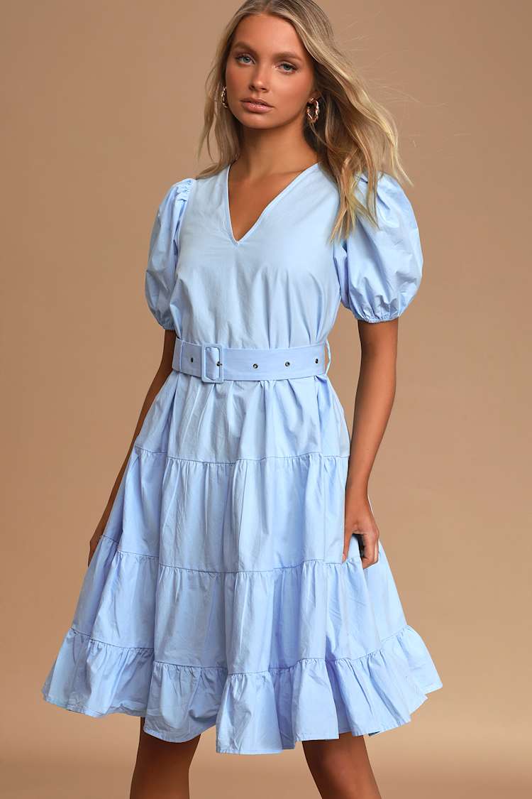 Ruby Light Blue Puff Sleeve Belted Tiered Midi Dress