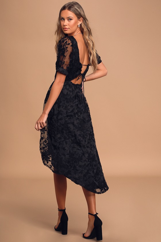 Black Midi Dress - Floral Embroidered Dress - High-Low Midi Dress - Lulus