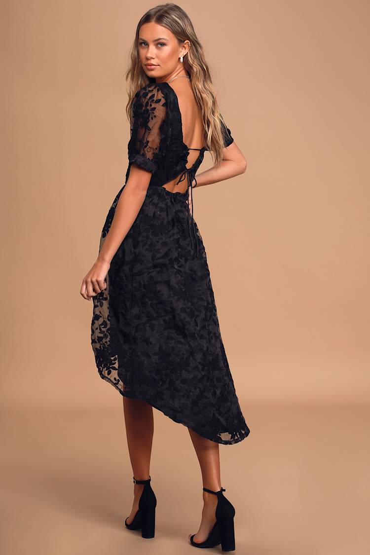 Black Midi Dress - Floral Embroidered Dress - High-Low Midi Dress - Lulus Black Midi Dress - Floral Embroidered Dress - High-Low Midi Dress - Lulus