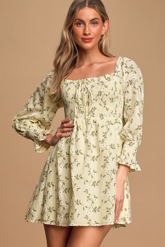 Doting Over You Light Yellow Floral Print Smocked Mini Dress
