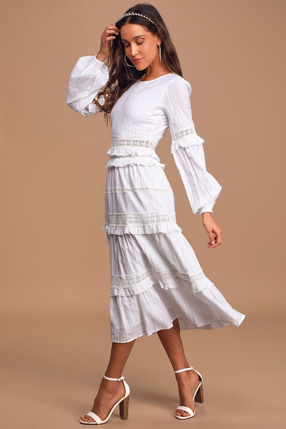 Prairie On White Long Sleeve Tiered Ruffle Midi Dress 3