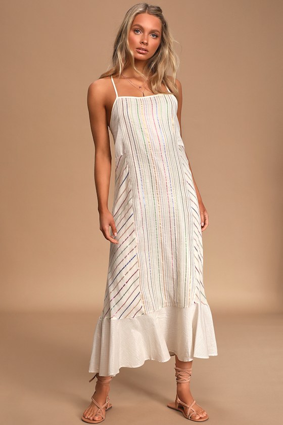 Girl Power Cream Metallic Multi Striped Ruffled Maxi Dress 2