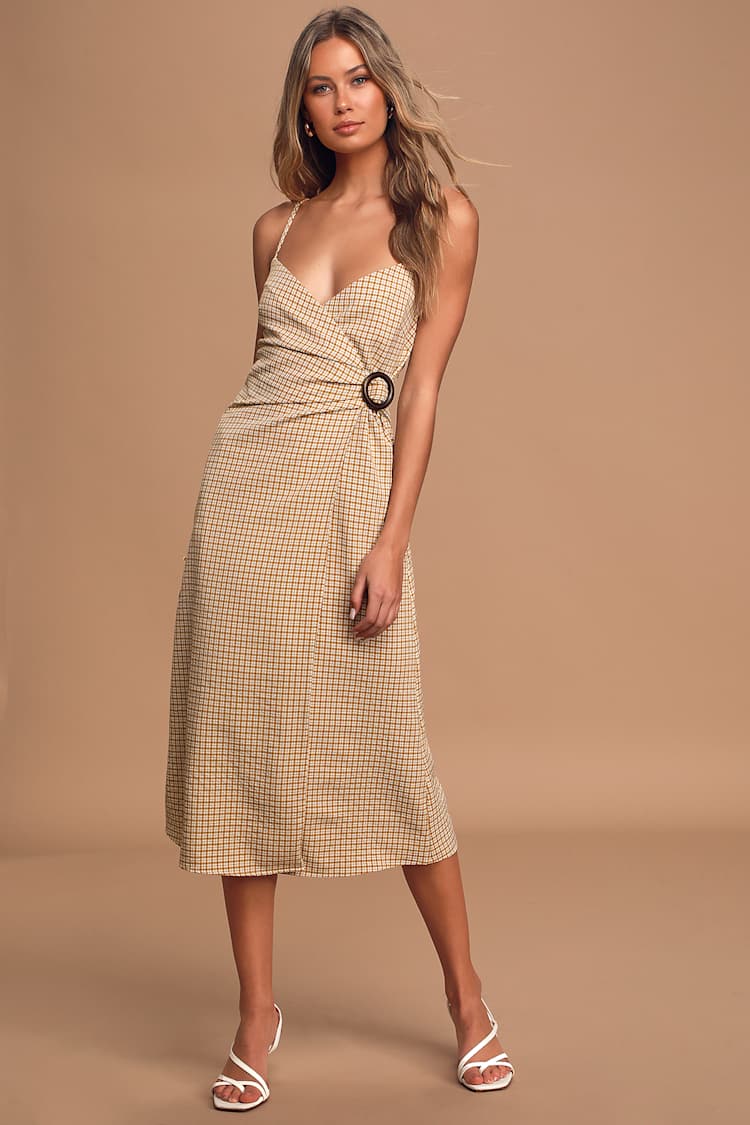 Mustard Yellow Midi Dress - Gingham Dress - Belted Wrap Dress - Lulus