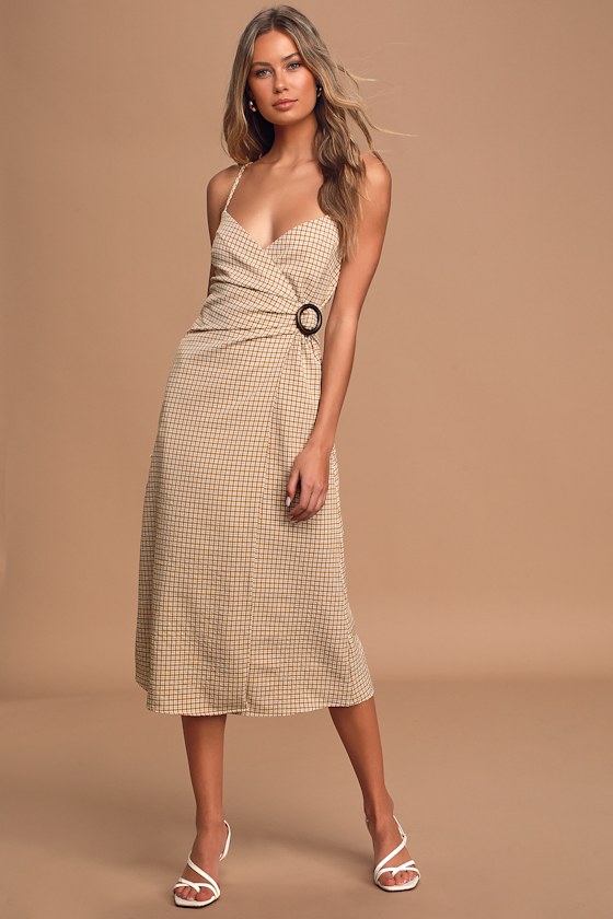 Sunshine On the Mind Mustard Yellow Gingham Wrap Midi Dress 5