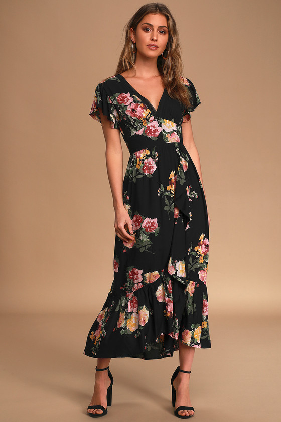 Black Floral Midi Dress With Sleeves ...