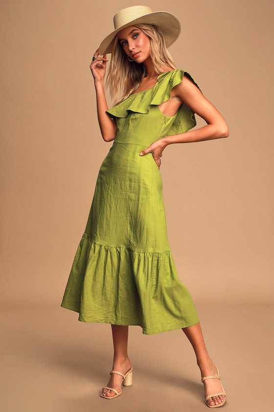 green one shoulder midi dress