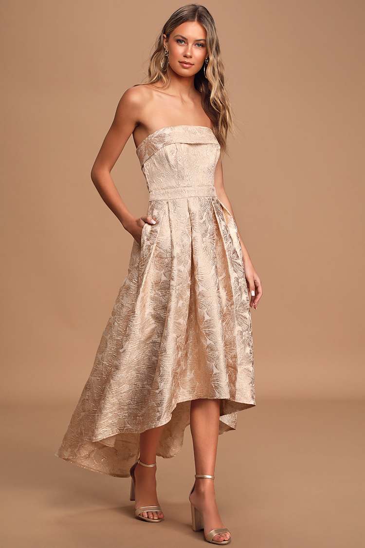 cream high low dress Cream Strapless Maxi - High-Low Dress - Floral Jacquard Dress