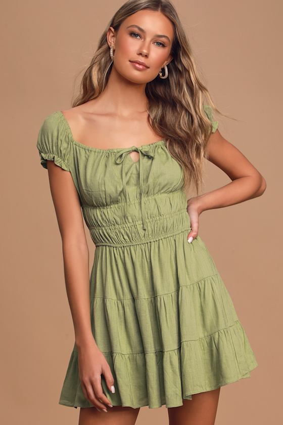 Good As New Olive Green Cap Sleeve Tiered Mini Dress 2