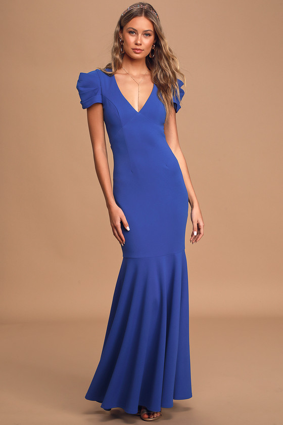 Classy Royal Blue Dress - Trumpet Hem Maxi - Pleated Puff Sleeve - Lulus
