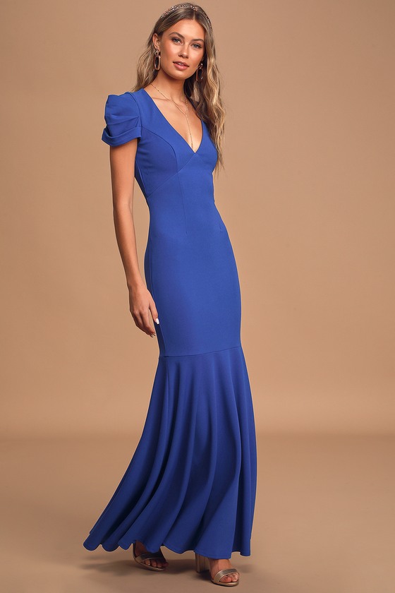 Classy Royal Blue Dress - Trumpet Hem Maxi - Pleated Puff Sleeve