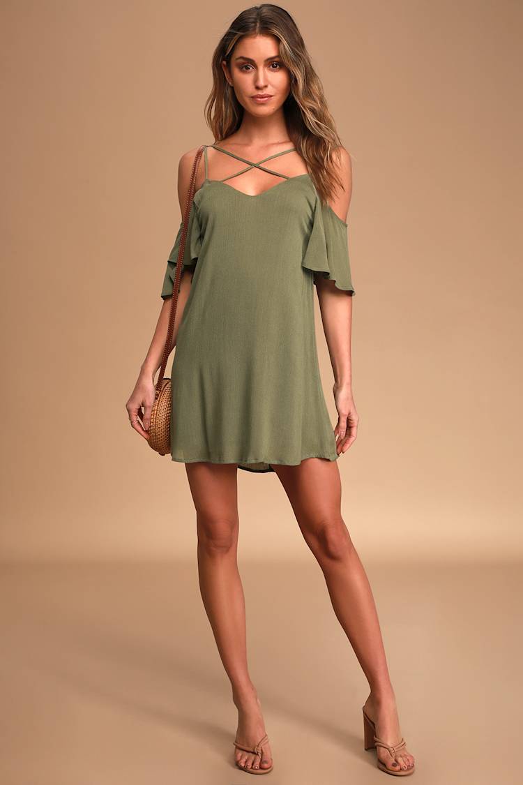 Cute Olive Green Dress - Shift Dress - Cold Shoulder Dress - Lulus