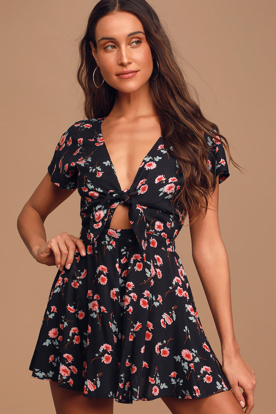She's So Sweet Black Floral Print Tie-Front Cutout Romper