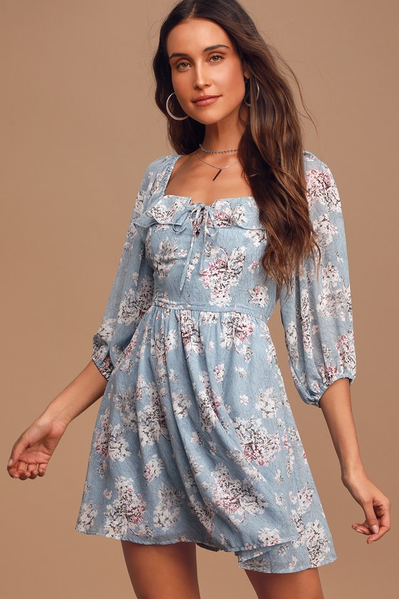 Chic Blue Floral Dress - Three-Quarter Sleeve Dress - Mini Dress - Lulus