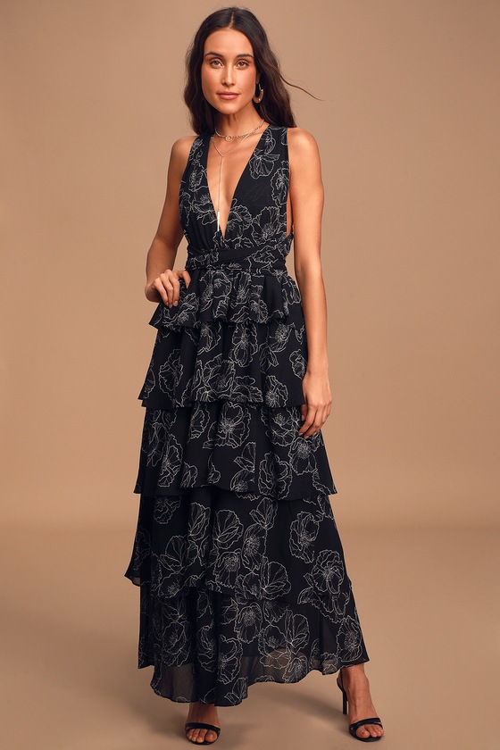 Cute Black Maxi Dress - Floral Print Maxi Dress - Tiered Dress - Lulus