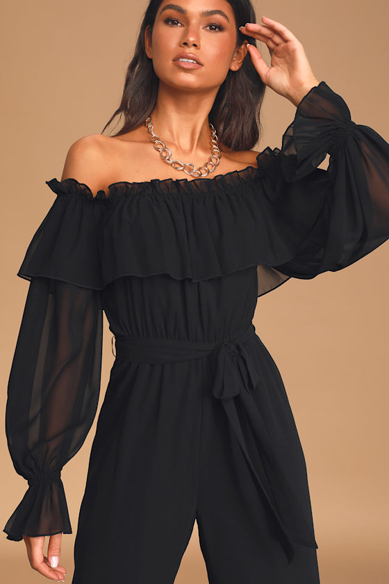 Cute Black Jumpsuit Ruffled OTS Jumpsuit WideLeg Jumpsuit Lulus