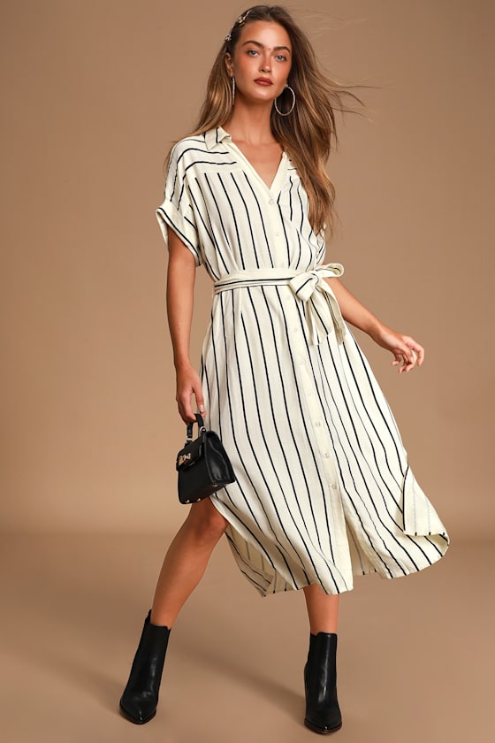 Beside the Seaside Ivory Striped Midi Shirt Dress 2