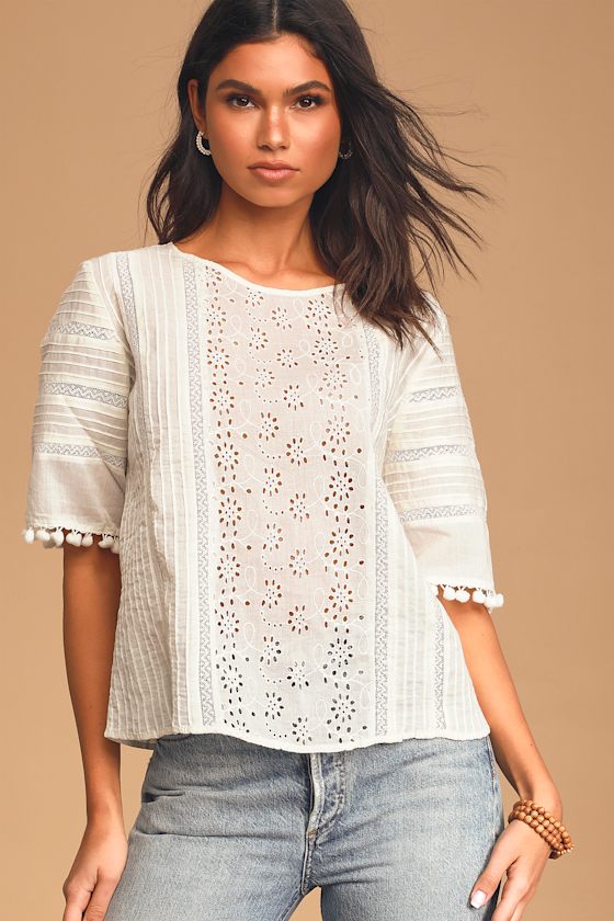 White Eyelet Top Pompom Trimmed Top White Lace Top Lulus