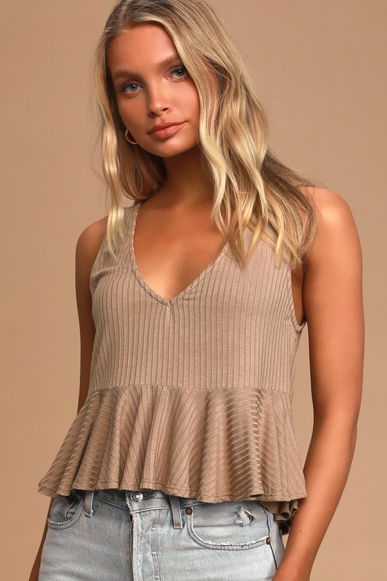 Cute Taupe Ribbed Top VNeck Top Ruffled Crop Top Lulus