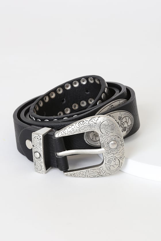 Chic Black Belt Vegan Leather Concho Belt Western Belt