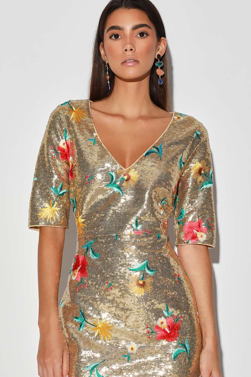 Bold Gold Sequin Dress - Floral Embroidered Dress - Mini Bodycon - Lulus
