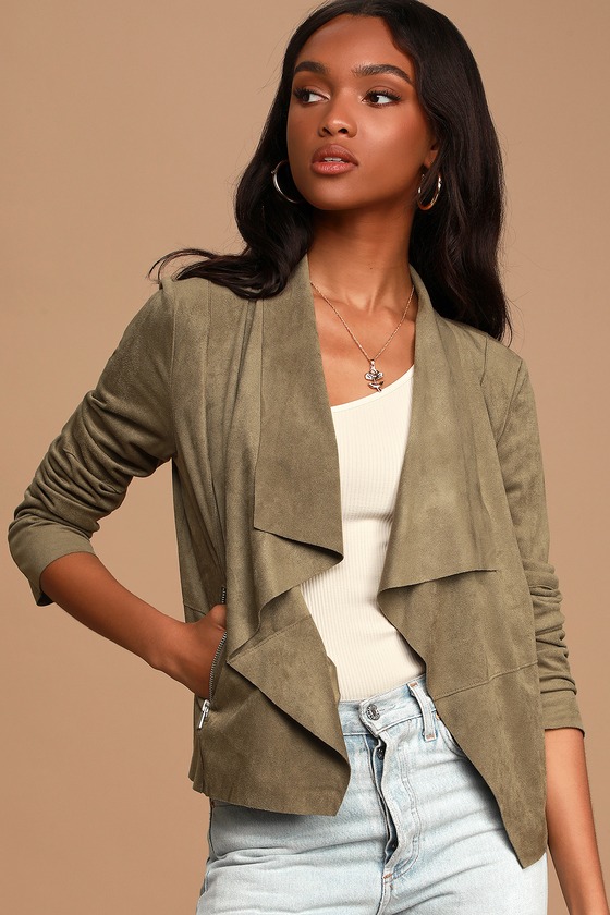 Cute Olive Green Jacket Vegan Suede Jacket Waterfall Jacket