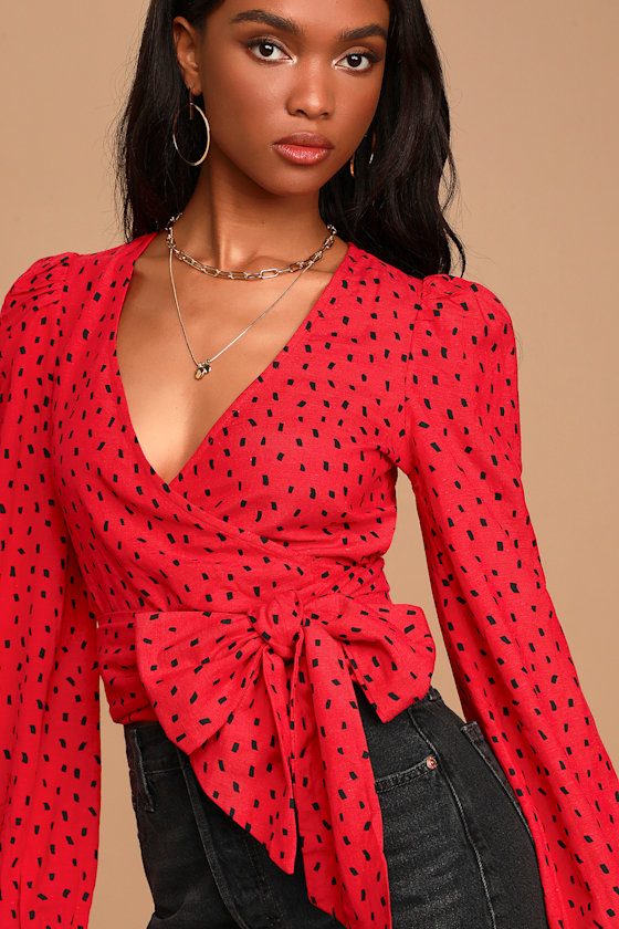 Wrapped in Love Red Print Long Sleeve Wrap Crop Top 6
