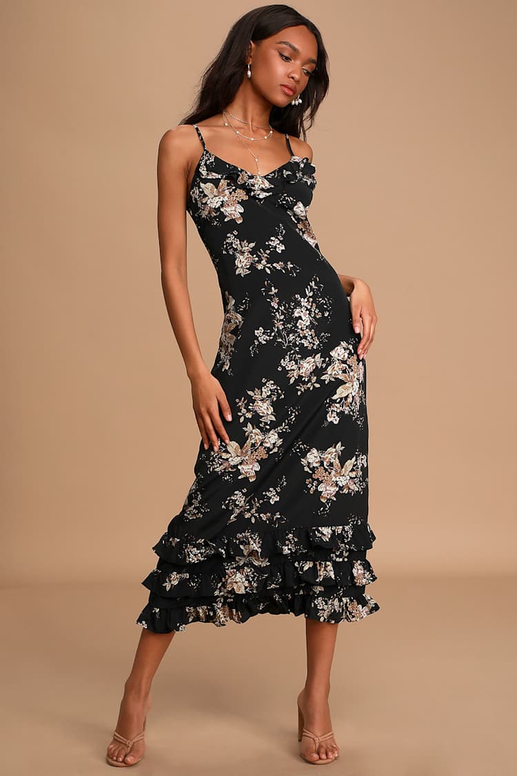 Pinch Black Floral Dress - Ruffled Midi Dress - Sleeveless Dress - Lulus