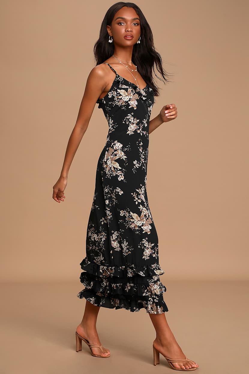 Pinch Black Floral Dress Ruffled Midi Dress Sleeveless Dress Lulus