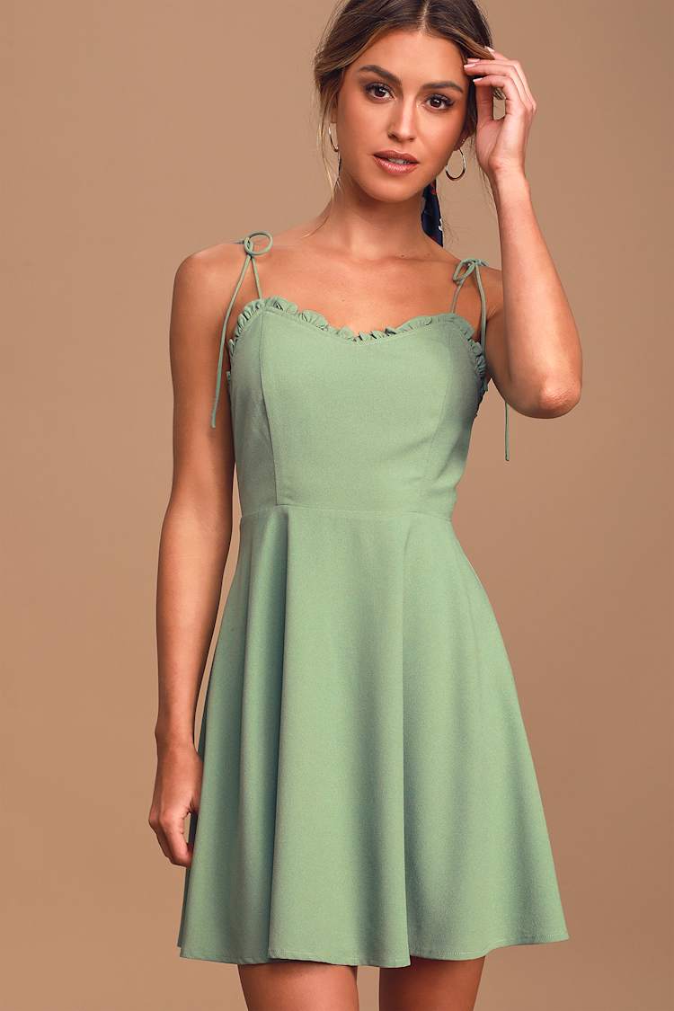 Cute Sage Green Dress - Ruffled Skater Dress - Green Mini Dress - Lulus
