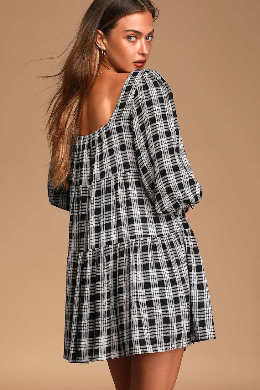 prom dress online stores Black Plaid Babydoll Mini Dress  PinkBlush