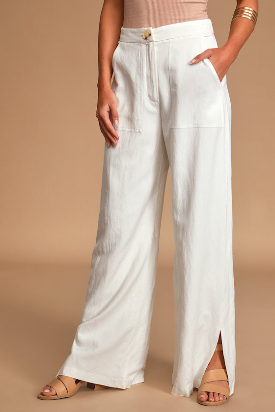 Cute White Pants - High-Waisted Pants - Wide-Leg Woven Pants