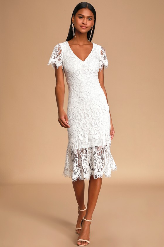White Lace Midi Dress - V-Neck Midi 