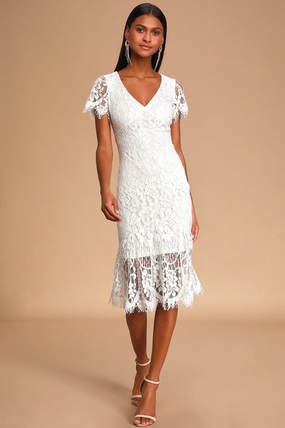 white lace midi dress with sleeves