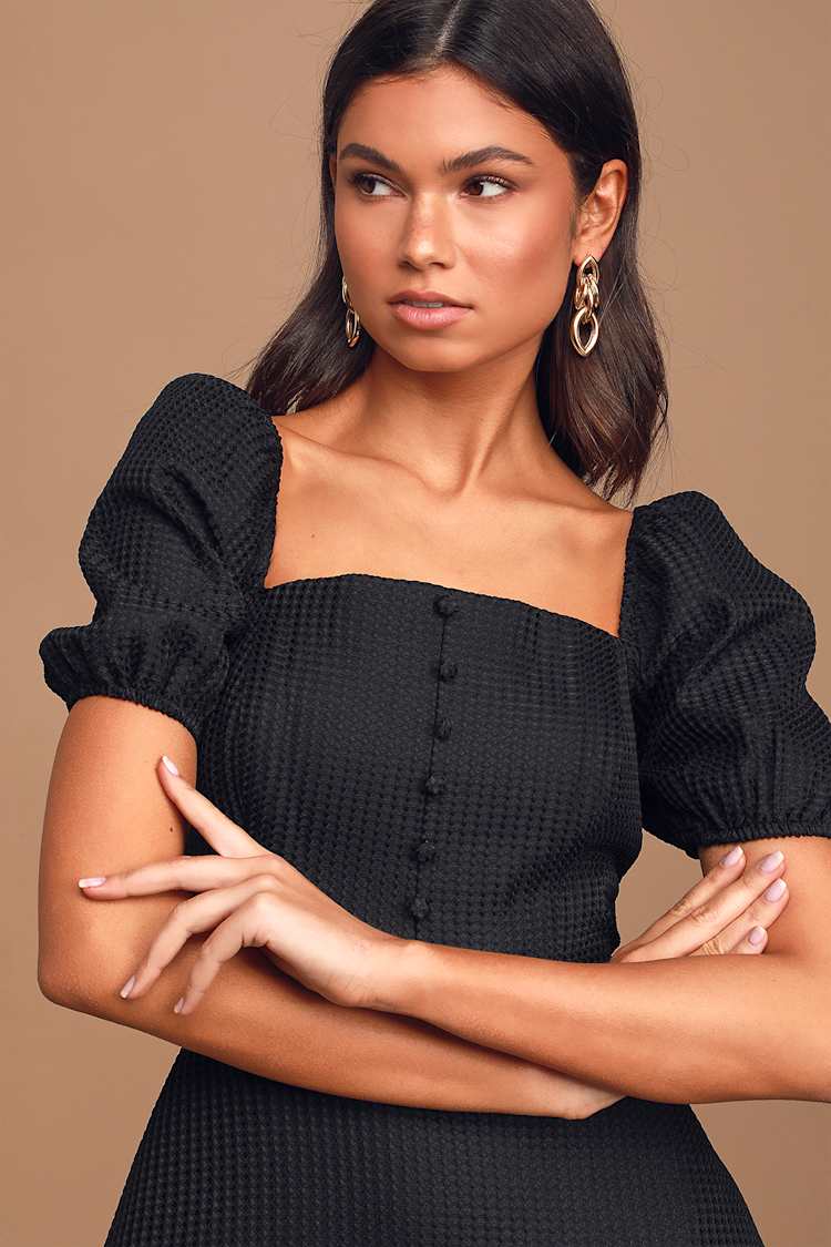Chic Black Dress - Cute Skater Dress - Puff Sleeve Mini Dress - Lulus