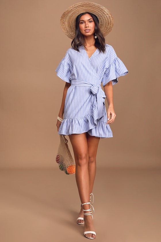 Set Adrift Blue Striped Ruffled Wrap Mini Dress 2