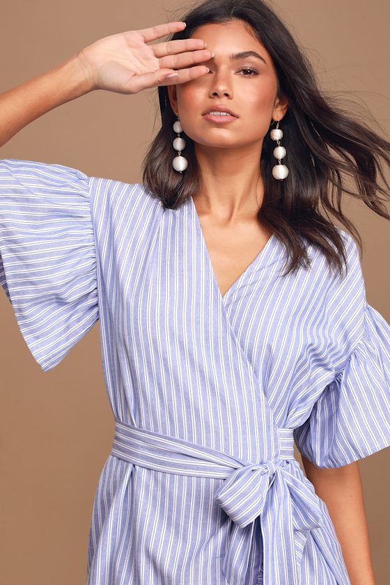 Set Adrift Blue Striped Ruffled Wrap Mini Dress 4